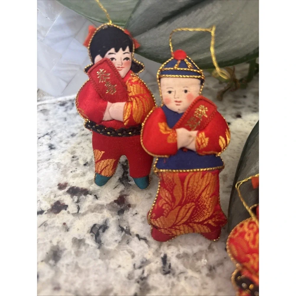 6 Silk Embellished Christmas‎ Ornaments Asian Children Chinese Lunar New Year